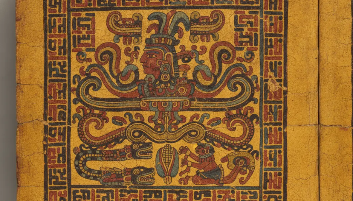 Maya Popol Vuh codex illustration depicting corn creation myths and maize deity symbolism in Mesoamerican culture