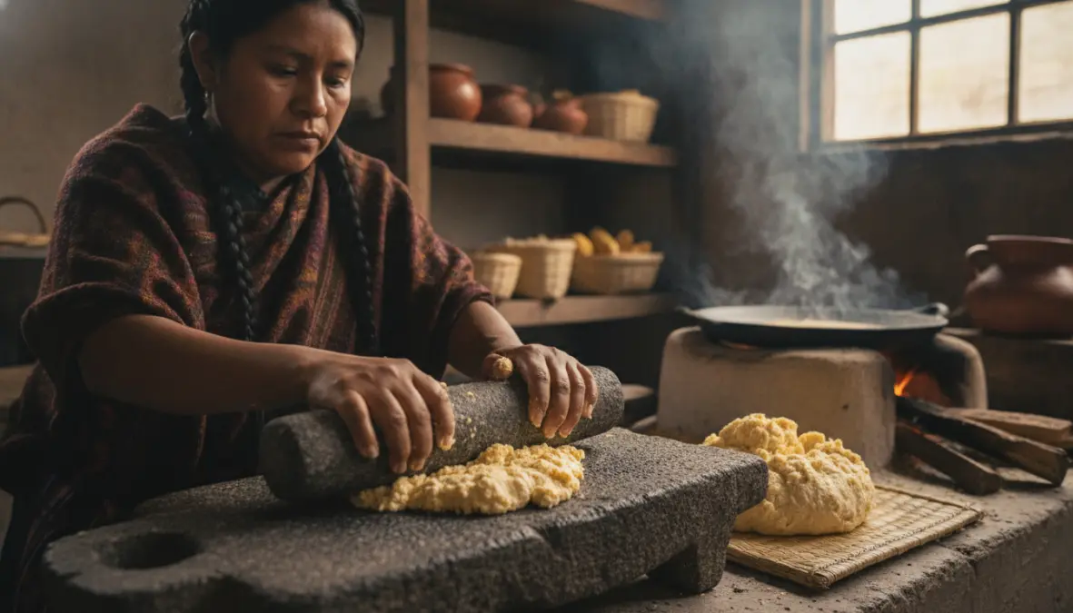 Traditional nixtamalization and tortilla preparation showing mesoamerican food culture and sacred corn processing methods