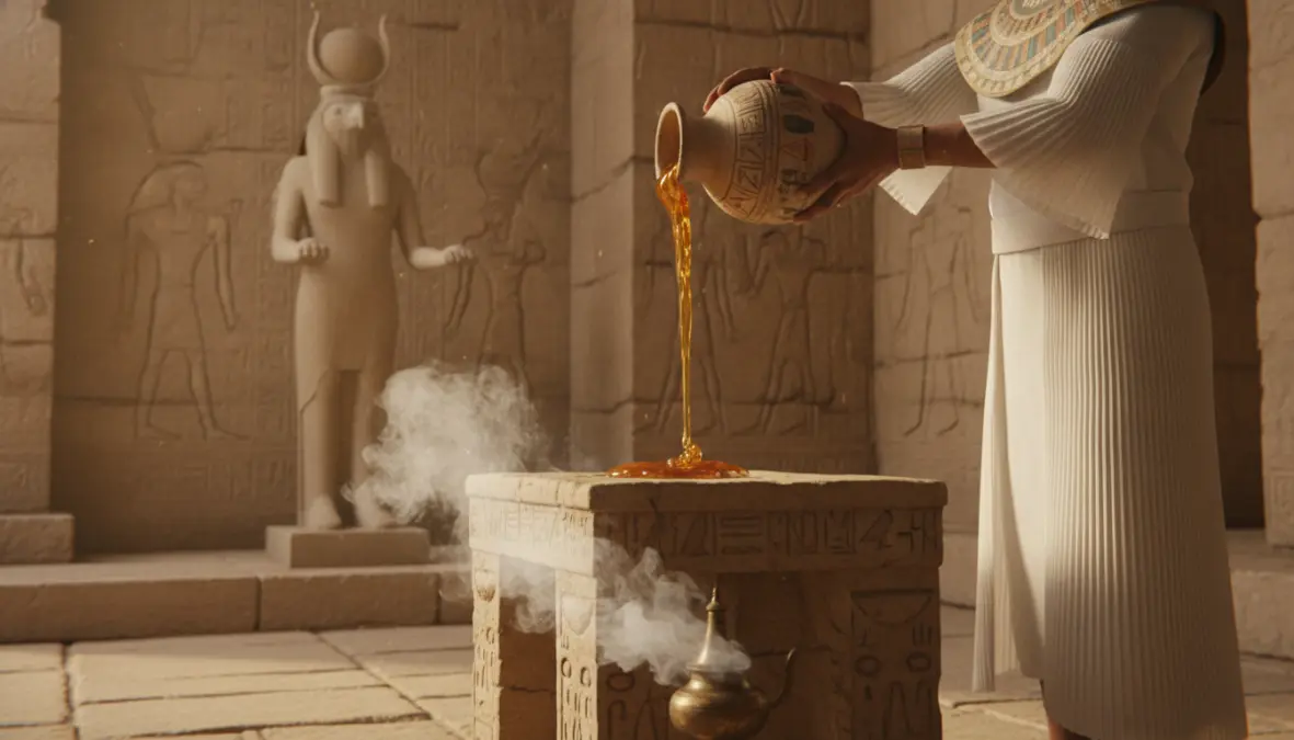 Egyptian priest making sacred honey offerings in temple during ancient egyptian honey rituals