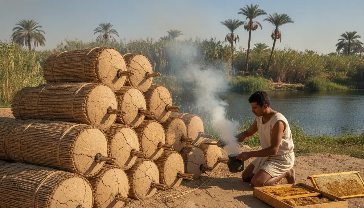 Ancient Egyptian beekeeping with traditional clay hives showing egyptian beekeeping traditions along the Nile