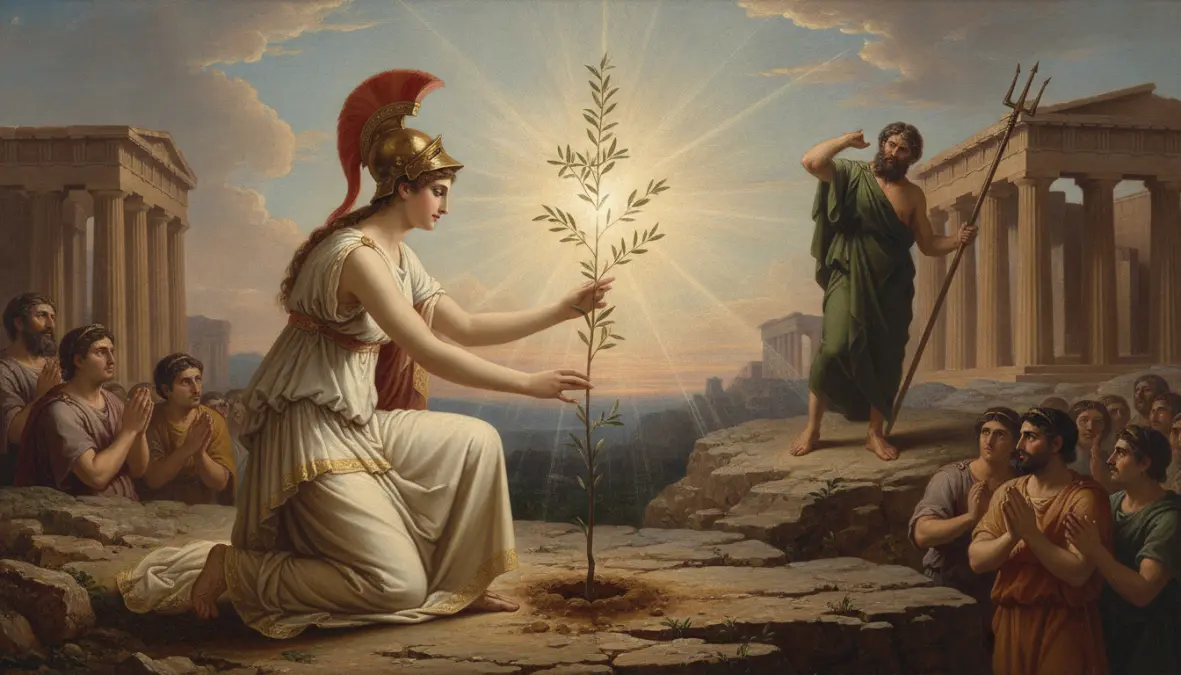 Athena planting the sacred olive tree on the Acropolis in ancient Greek mythology, depicting the Athena olive tree myth