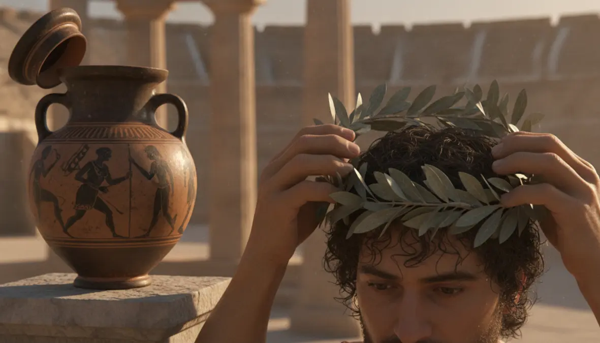 Olympic victor receiving sacred olive wreath crown in ancient Greece, showing olive branch meaning and religious significance