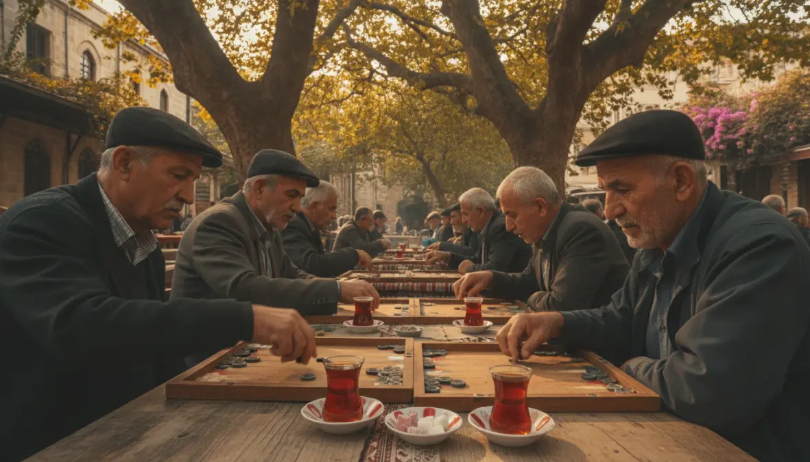 Turkish tea garden with people gathering for social bonding over çay glasses