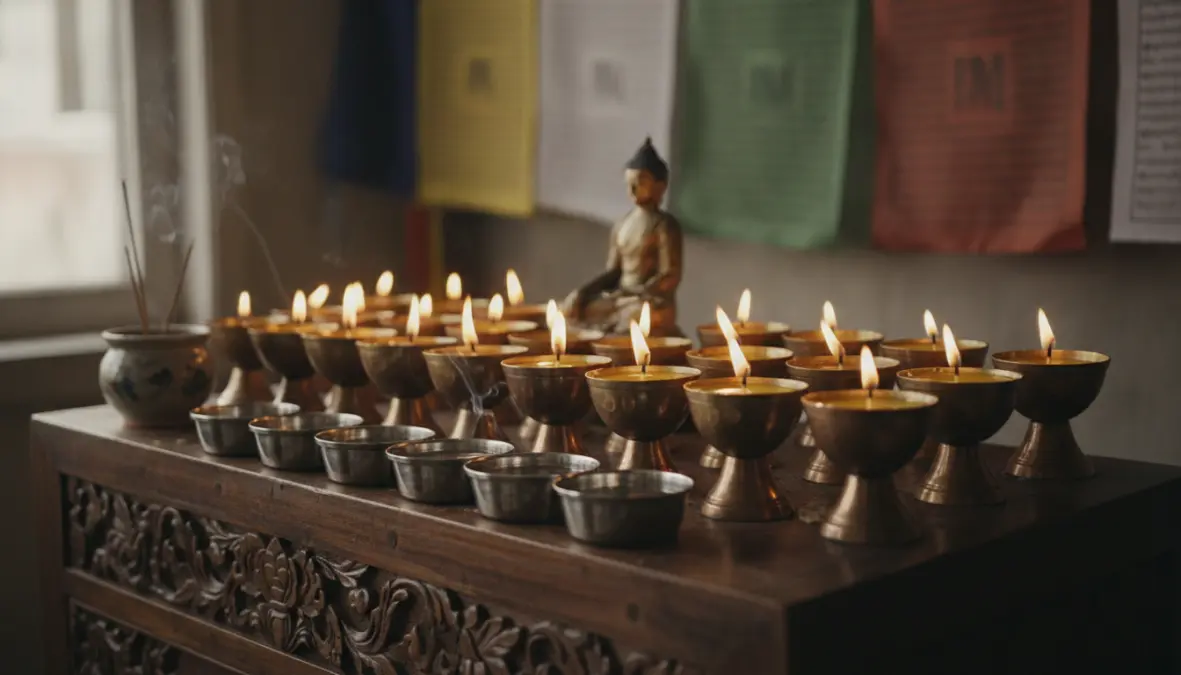Traditional butter lamp offerings on a Tibetan Buddhist home altar demonstrating monastery devotional practices
