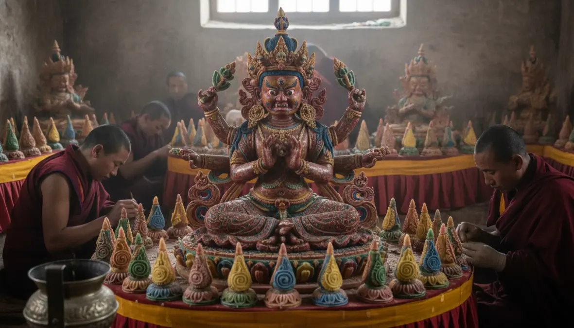 Intricate Tibetan butter sculpture created for Buddhist festival showing the ancient butter sculpture tradition and torma offerings