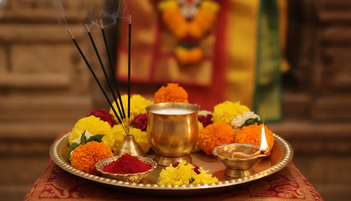 Traditional Hindu puja offerings with sacred milk in brass vessel for religious ceremonies and temple rituals