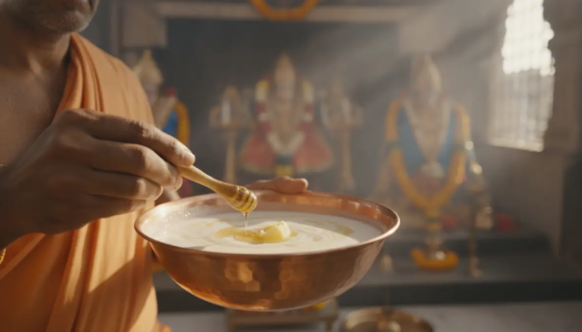 Preparation of panchamrit with cow milk for Hindu religious ceremonies showing milk symbolism in Indian spiritual context