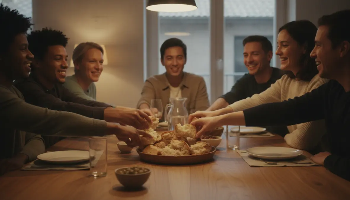 Modern breaking bread tradition showing shared bread symbolism and table fellowship