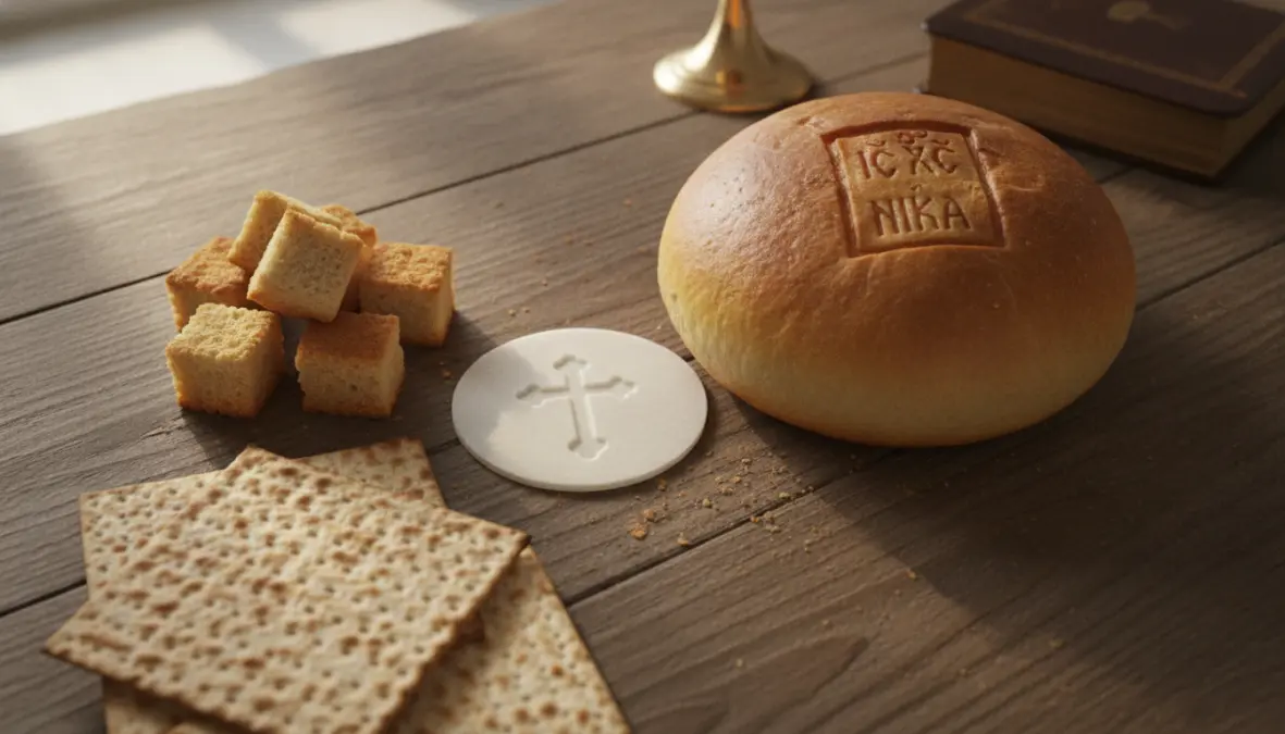 Different communion bread types including Catholic wafers, Orthodox prosphora, and Protestant unleavened bread