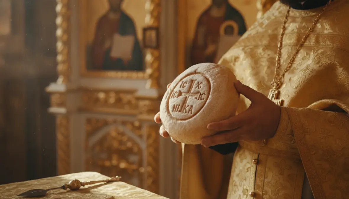 Orthodox prosphora leavened communion bread being prepared for eucharistic celebration