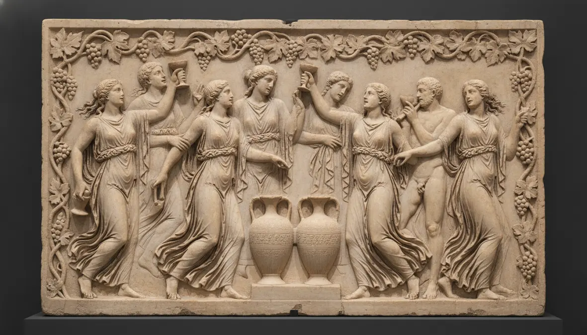 Ancient Greek relief showing Dionysian wine rituals and worship ceremonies