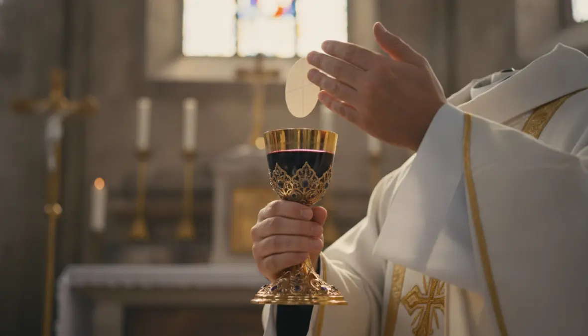 Priest consecrating sacramental wine during Christian Eucharist ceremony
