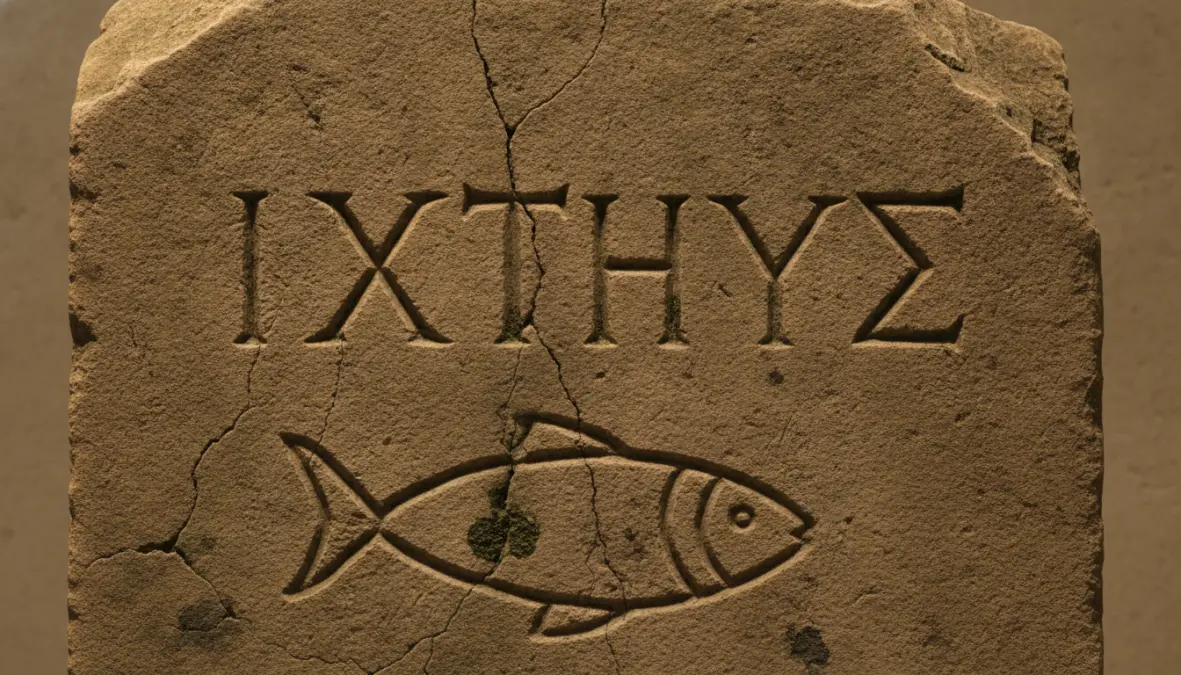 Greek ΙΧΘΥΣ letters showing ichthys symbol meaning as early christian symbols during persecution