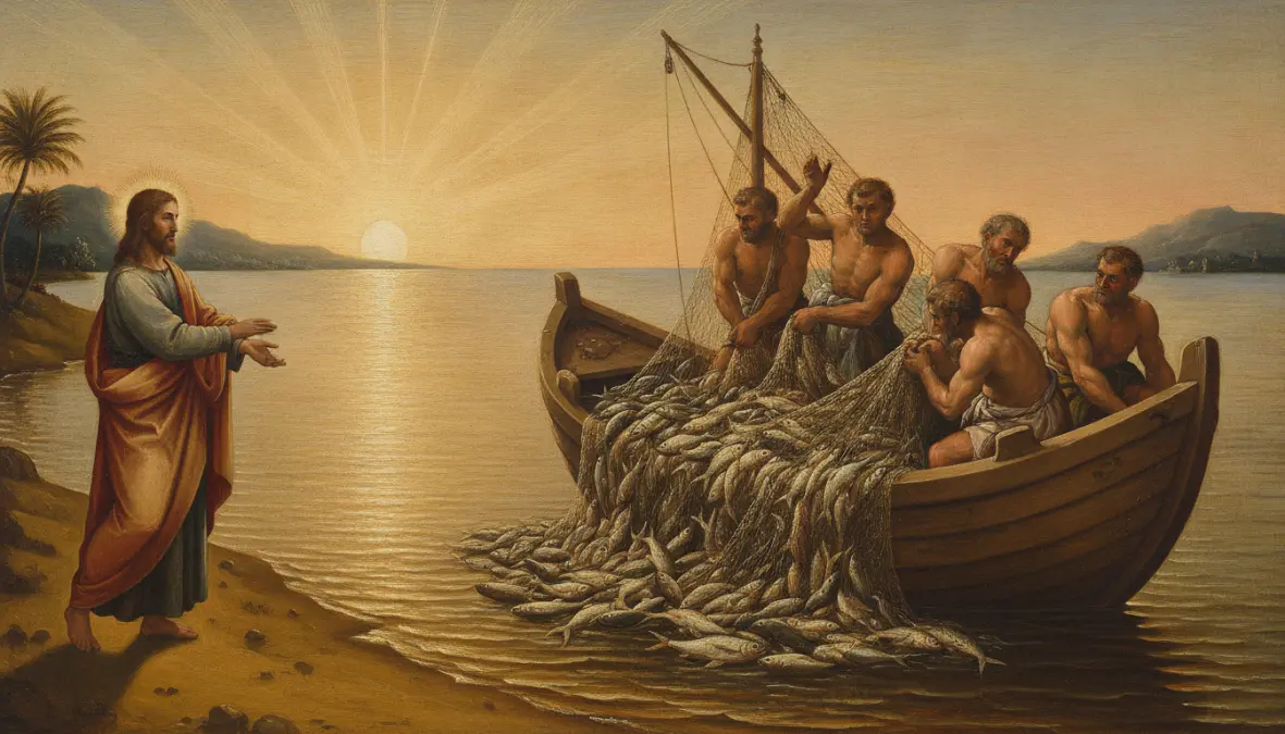 Miraculous fish catch depicting fish symbolism in bible and apostles fishermen with Jesus