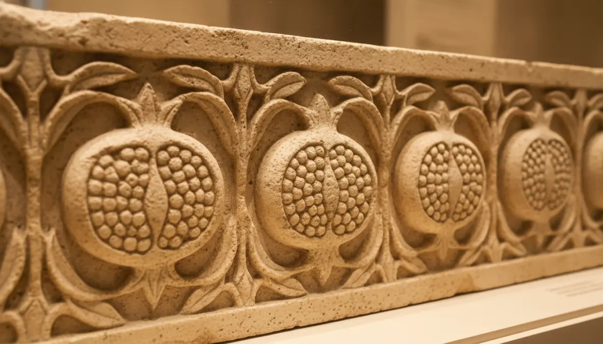 Ancient pomegranate mythology depicted in Greek archaeological artifact showing sacred fruit symbolism