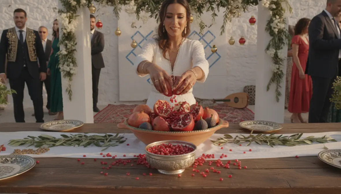Pomegranate symbolism in modern Mediterranean wedding tradition showing cultural significance and fertility symbol