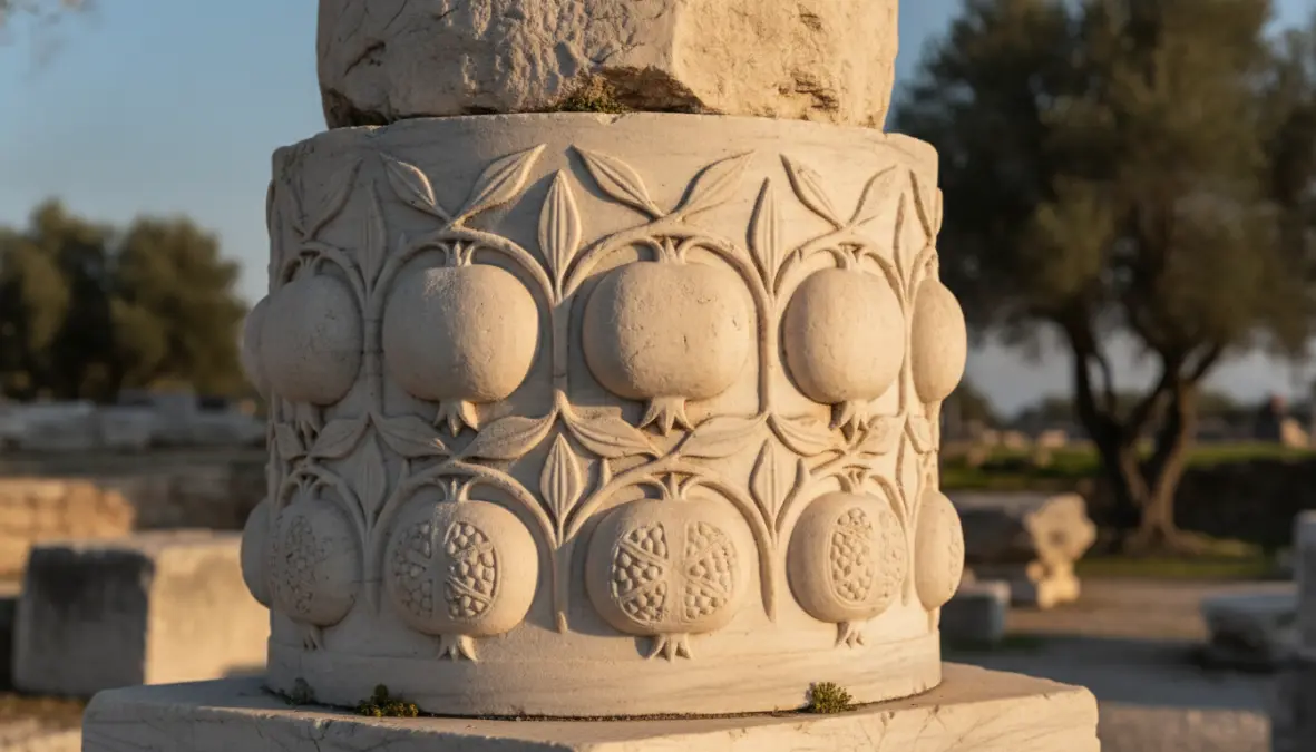 Ancient Greek carved pomegranate motifs showing pomegranate symbolism in Greek mythology
