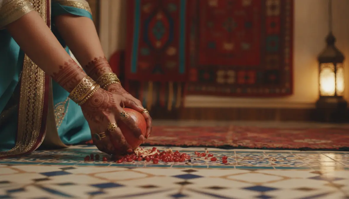 Traditional wedding pomegranate breaking ceremony showing fertility symbol meaning in Middle Eastern traditions