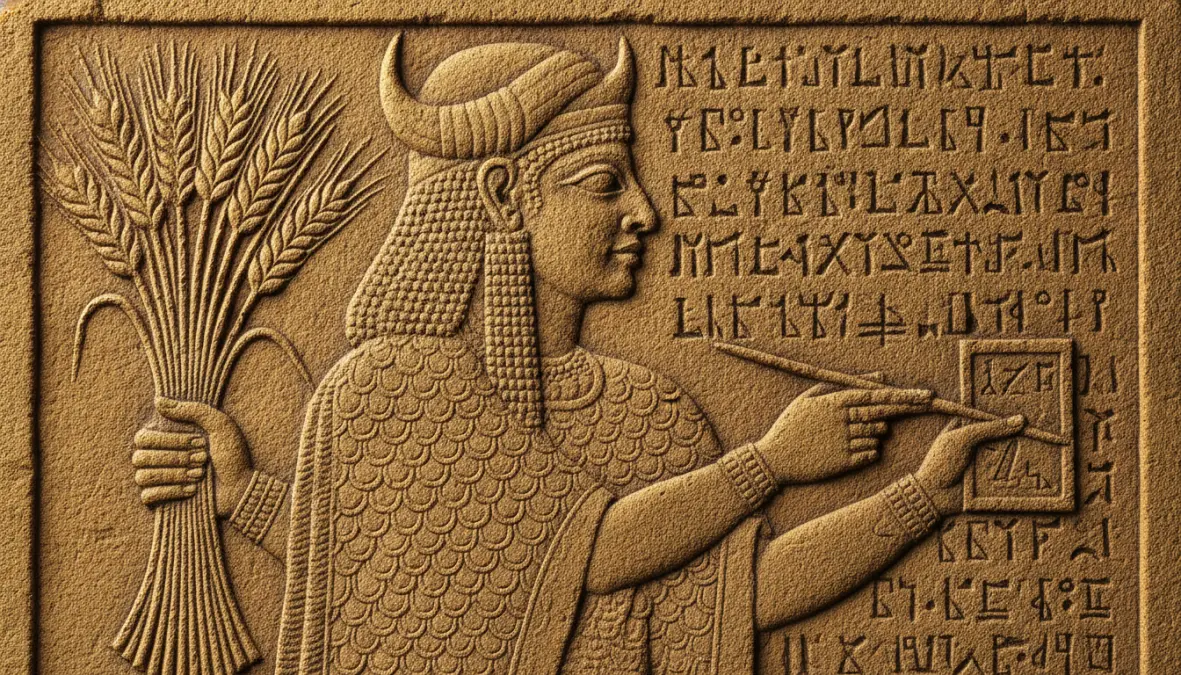 Mesopotamian grain goddess Nisaba relief with wheat symbolism and agricultural deities representation