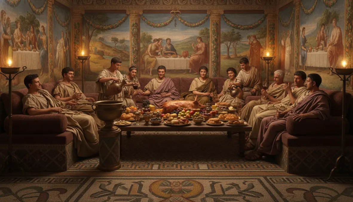 Roman banquet showing symposium drinking customs and ancient wine culture social rituals