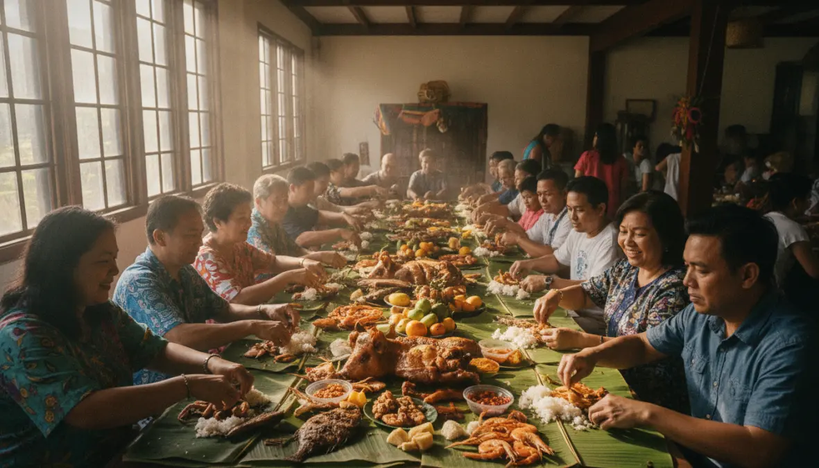 Filipino communal dining kamayan feast with families eating together