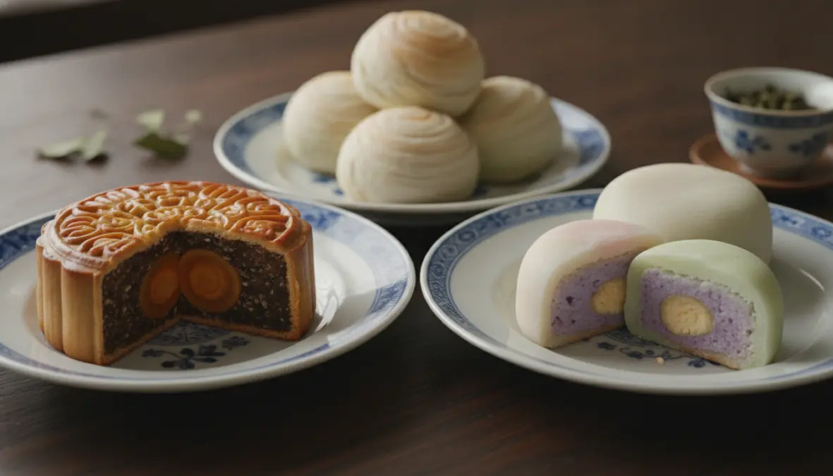 Traditional mooncake varieties showing regional Chinese styles and lotus seed paste filling
