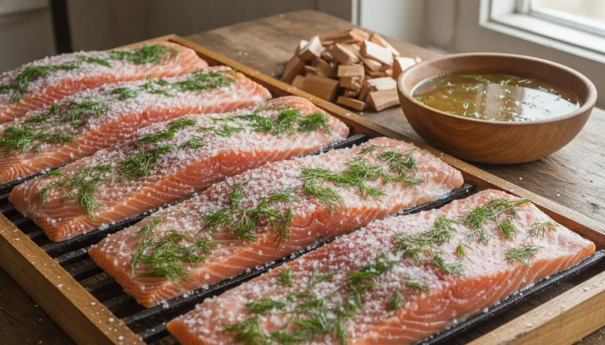 Traditional scandinavian fish smoking methods preparation with salmon, salt brine and alder wood