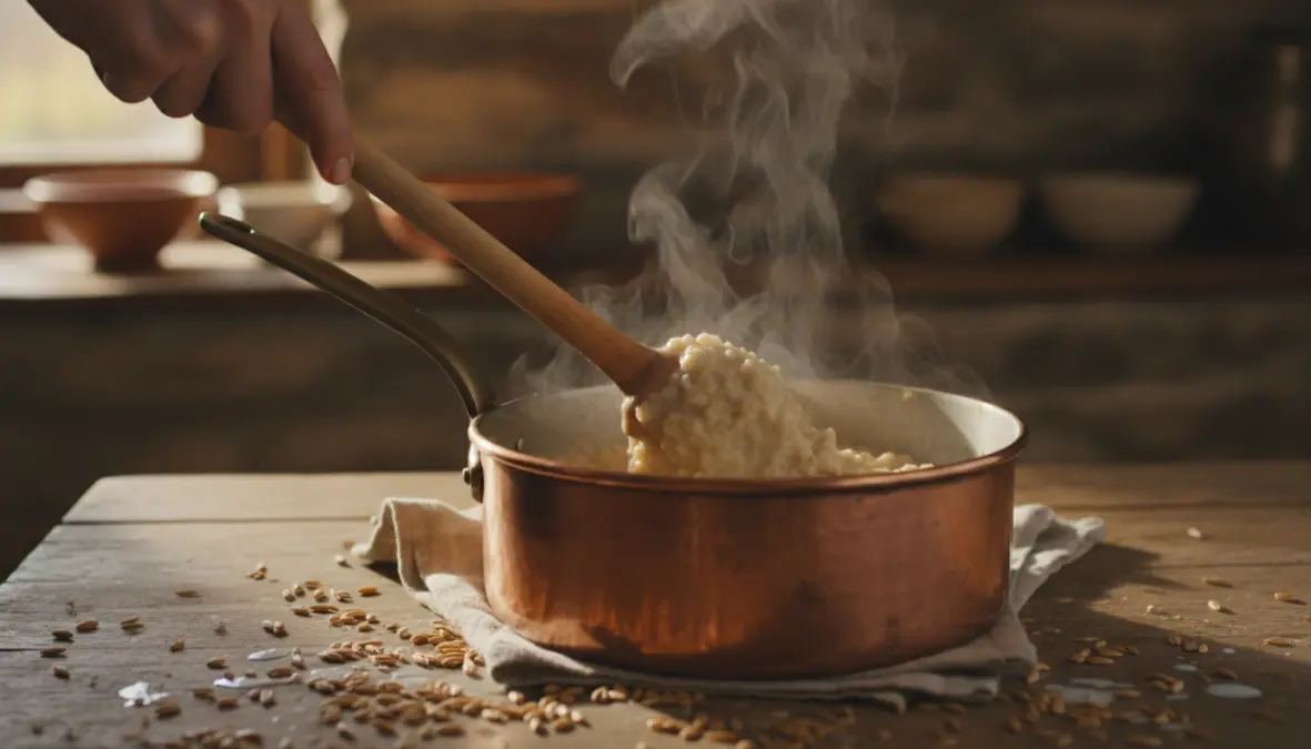 Traditional porridge making in Scotland with wooden spurtle stirring authentic pinhead oats