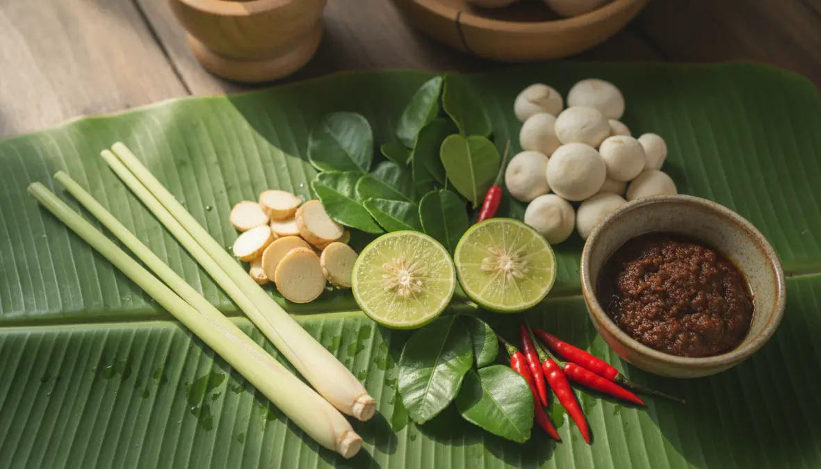 Essential authentic tom yum ingredients including lemongrass, galangal, and kaffir lime leaves