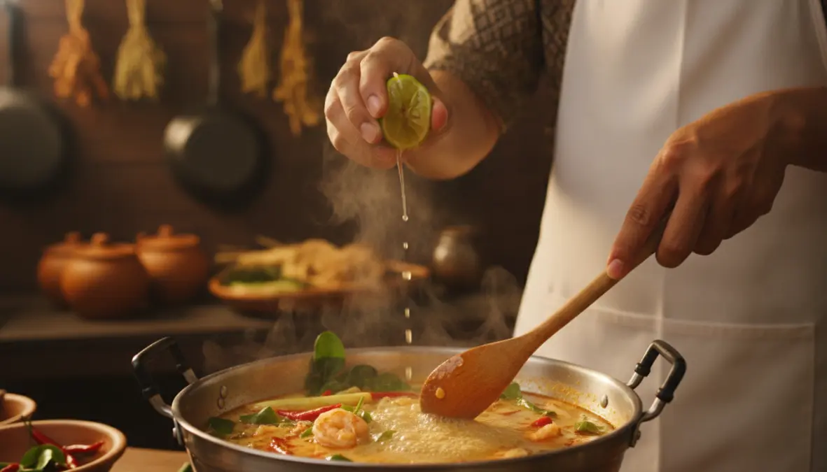 Chef balancing flavors in traditional tom yum soup with fresh lime juice
