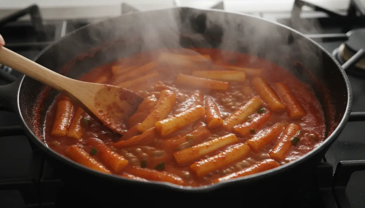 Cooking authentic tteokbokki recipe with spicy rice cakes in gochujang sauce