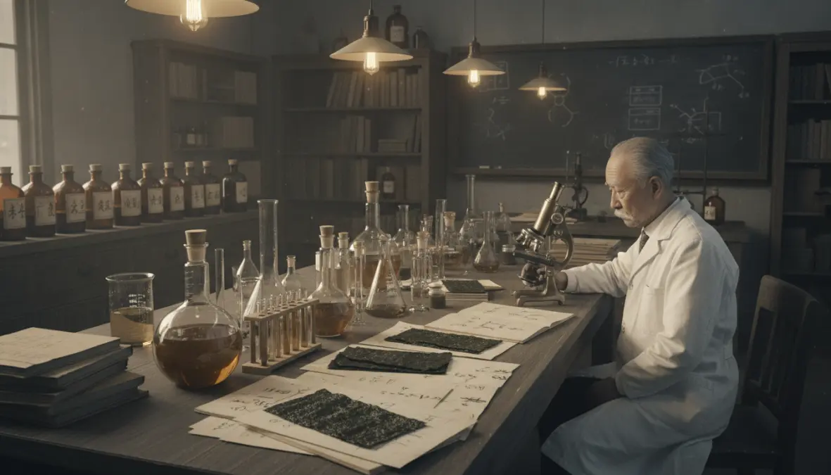 Kikunae Ikeda laboratory scene showing umami taste discovery in 1908