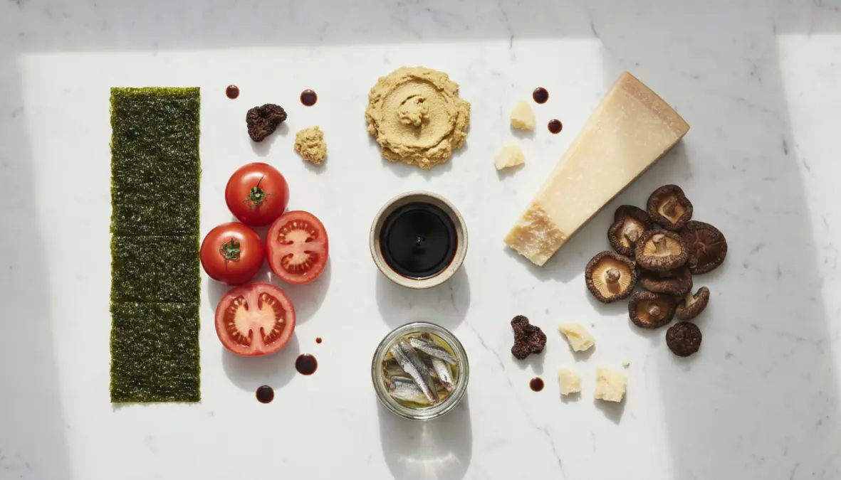Assortment of umami-rich foods from Japanese and global cuisines with natural glutamate