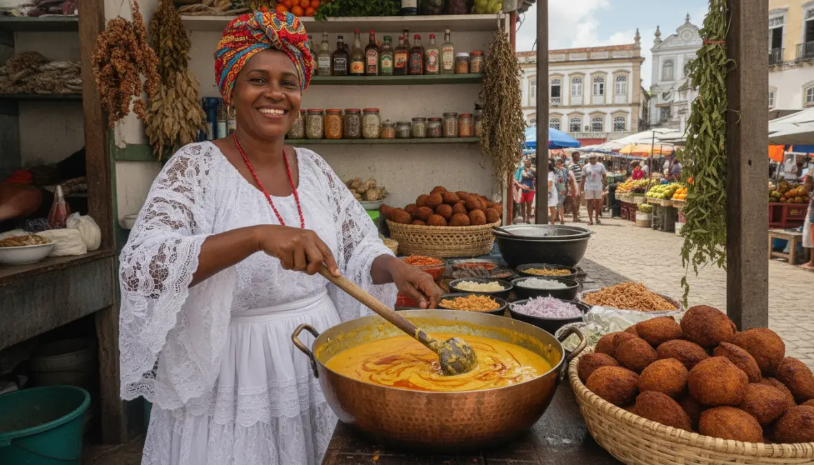 Traditional Bahian woman cooking authentic vatapá with dendê palm oil at Salvador street food market