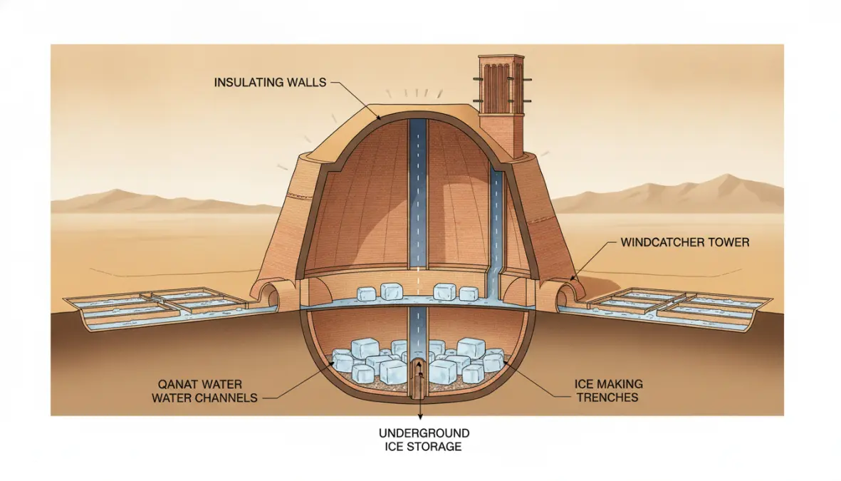 Yakhchal architecture cross-section diagram showing desert cooling system components and ice storage design