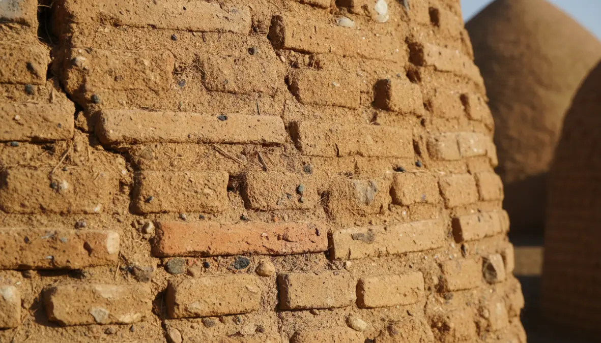 Traditional yakhchal construction materials showing sarooj mortar and adobe brick building techniques