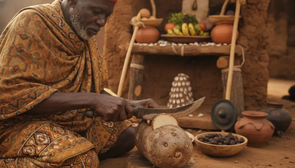 Igbo elder performing traditional Iwa Ji yam ceremony with sacred first yam cutting ritual