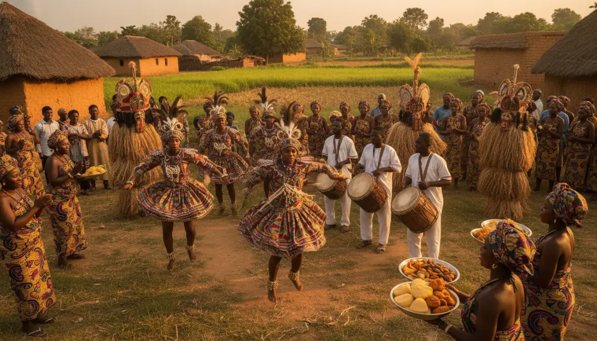 Community celebration at West African yam harvest festival with traditional dancers and festive gathering